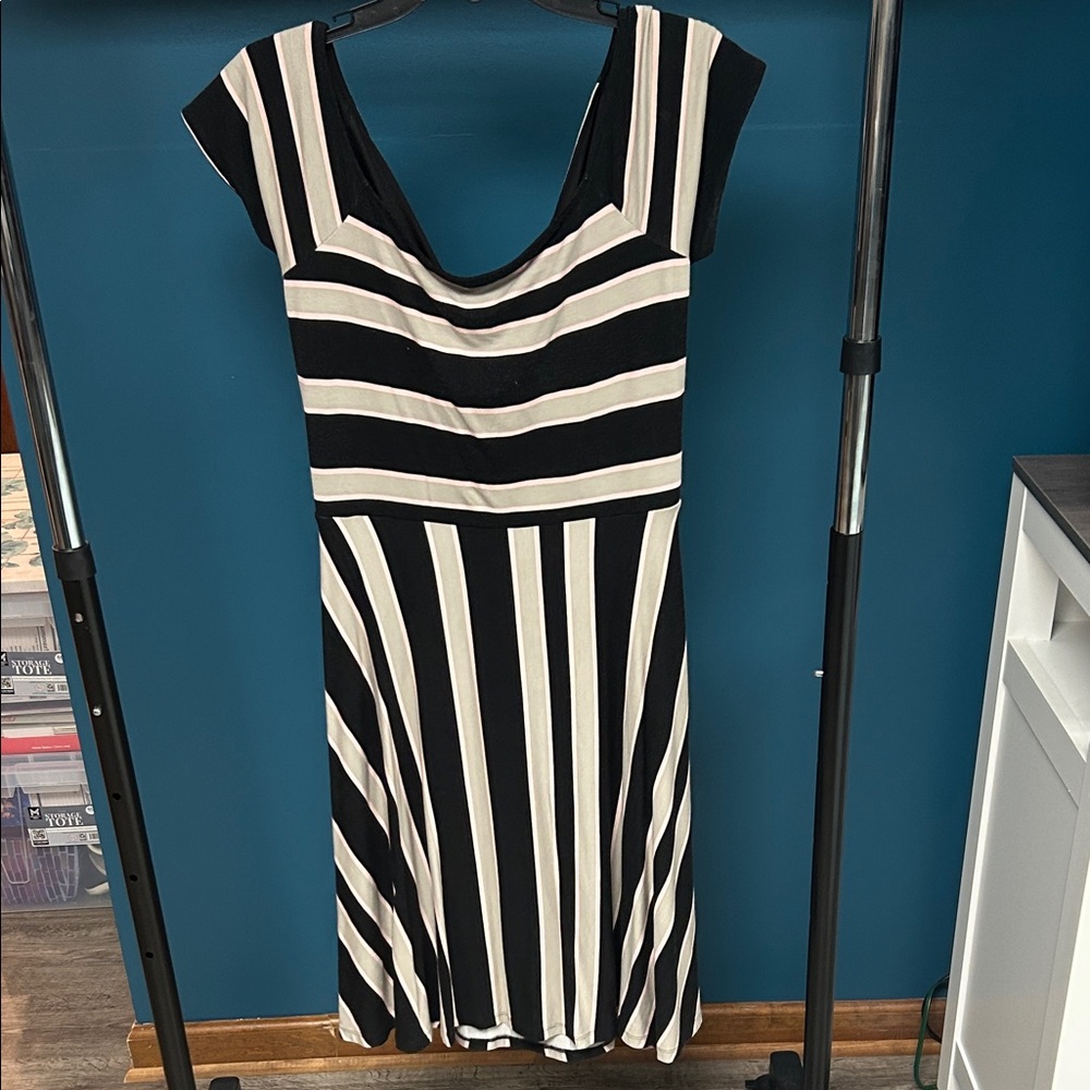 Loft Cap Sleeve Striped Dress with Back Cutout